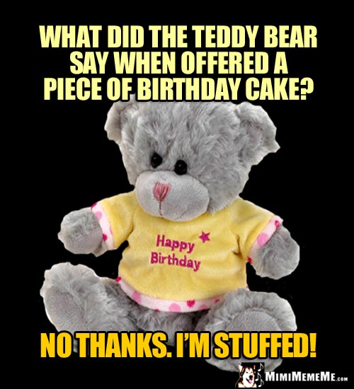 Birthday Riddle: What did the teddy bear say when offered a piece of birthday cake? No thanks. I'm stuffed!