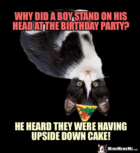 Birthday Joke: Why did a boy stand on his head at the birthday party? He heard they were having upside down cake!