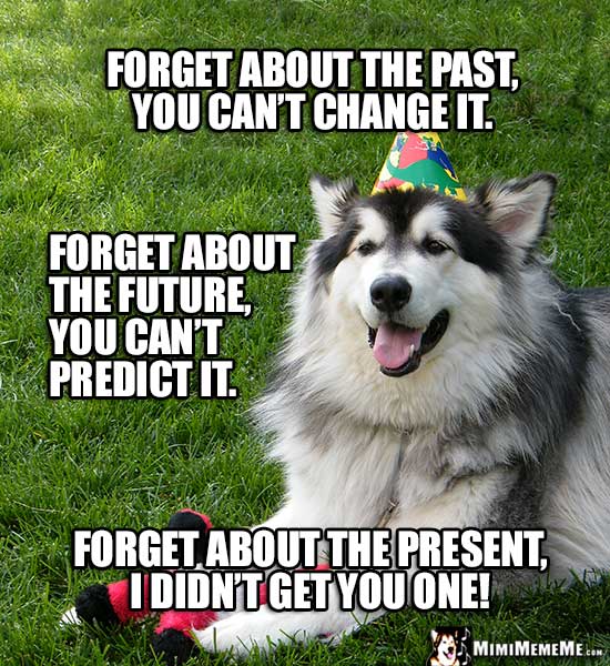 Birthday Dog: Forget about the past, you can't change it. Forget about the future...Forget about the present, I didn't get you one!