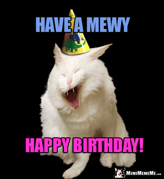 Funny Party Cat Says: Have a Mewy Happy Birthday!