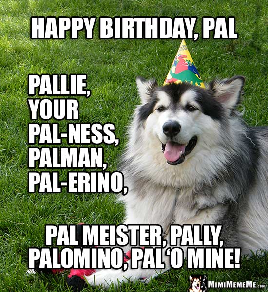 Party Dog Says: Happy Birthday, Pal, Pallie, Palman, Pal 'O Mine!