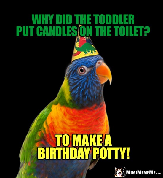 Party Parrot Riddle: Why did the toddler put candles on the toilet? To make a birthday potty!