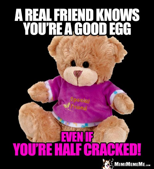 Teddy Bear: A real friend knows you're a good egg, even if you're half cracked!