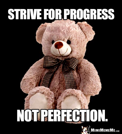 Motivational Teddy Bear Says: Strive for Progress, Not Perfection.