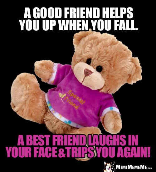 Slipping Teddy Bear Says: A good friend helps you up when you fall. A best friend laughs in your face & trips you again!