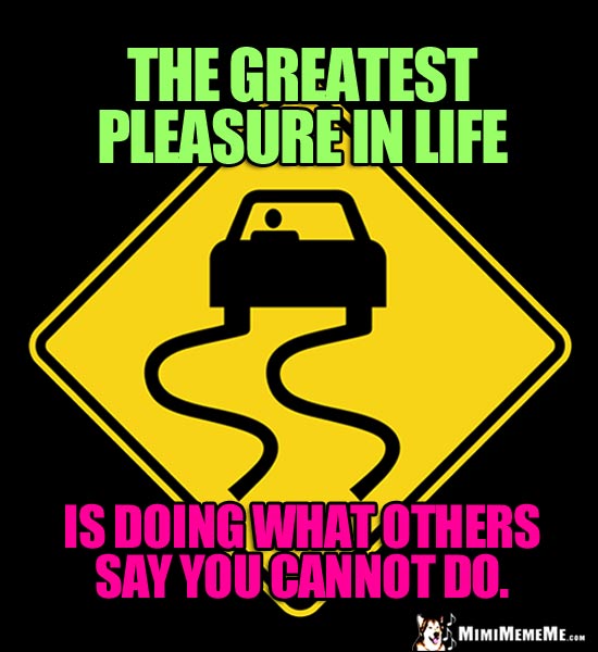 Slippery Street Sign Saying: The greatest pleasure in life is doing what others say you cannot do.